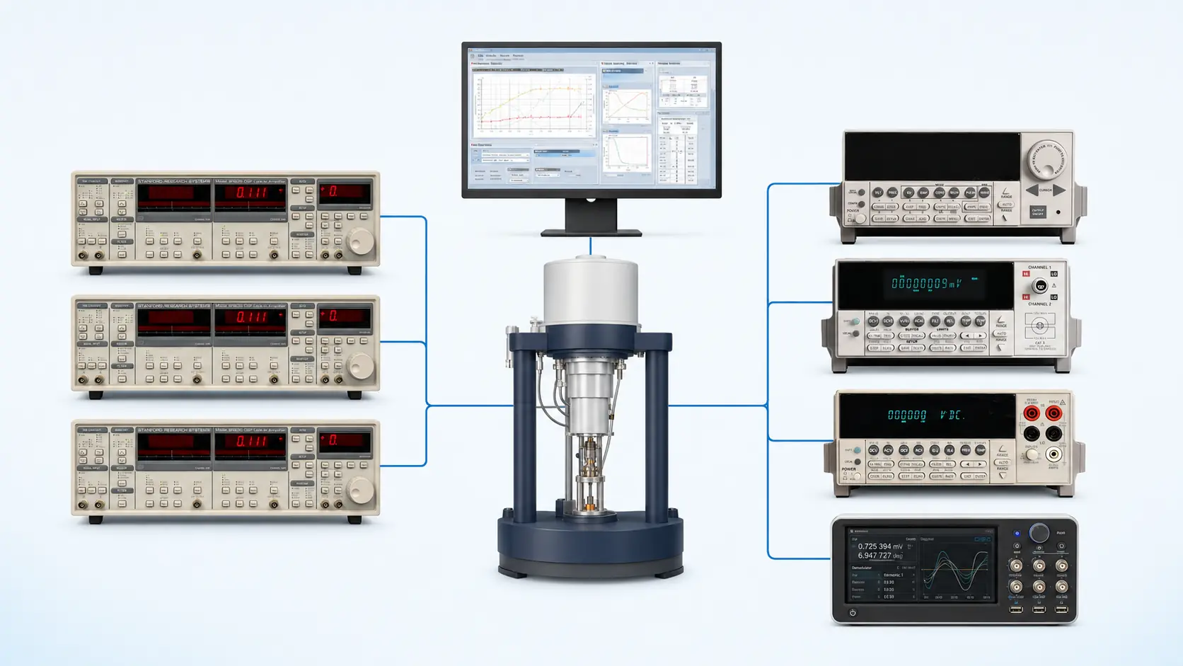 PPMS and DynaCool connected to SR830 lock-ins, Keithley instruments and MFLI through Instraxis Control